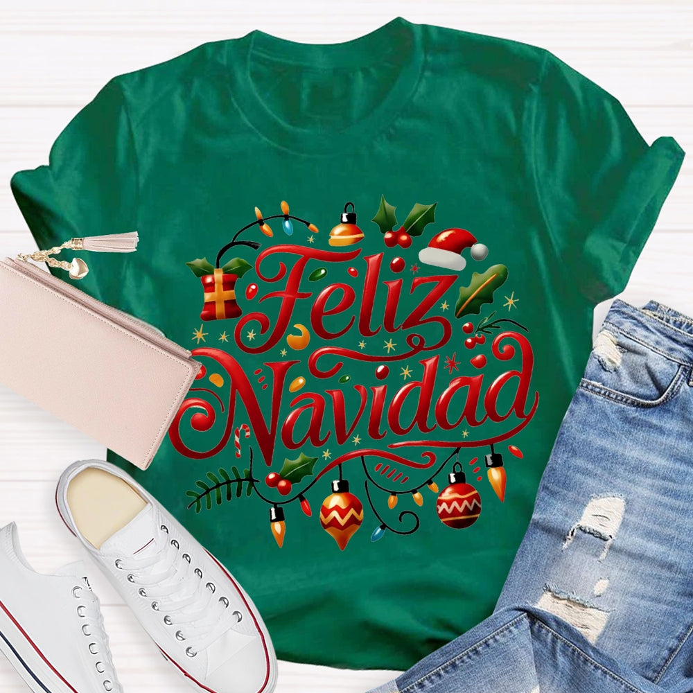 Feliz Navidad Christmas Lights Bilingual Teacher T-shirt