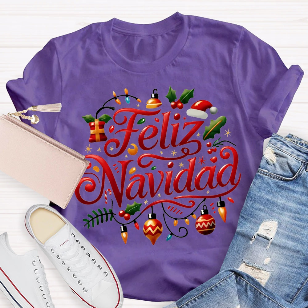 Feliz Navidad Christmas Lights Bilingual Teacher T-shirt