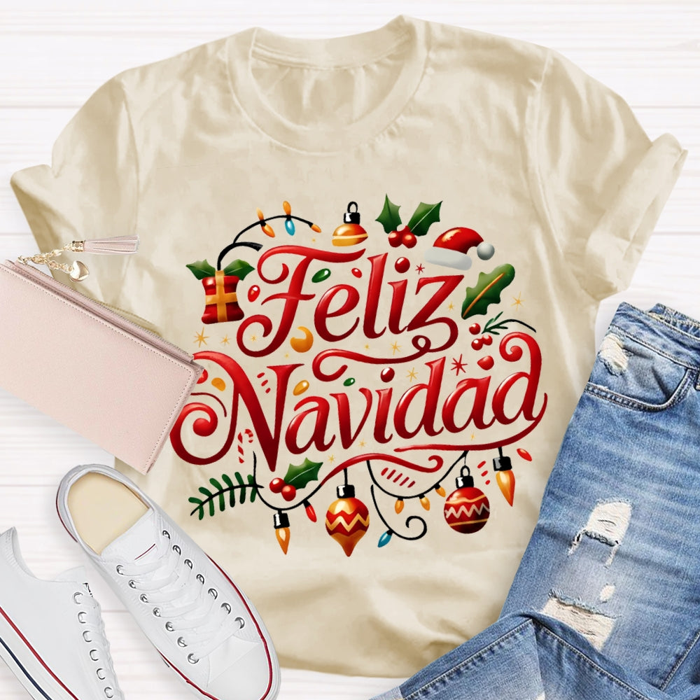 Feliz Navidad Christmas Lights Bilingual Teacher T-shirt