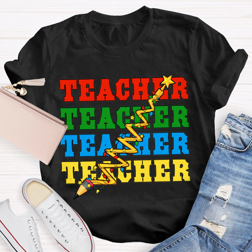 Teacher Different Colored Fonts And Christmas Lights T-shirt