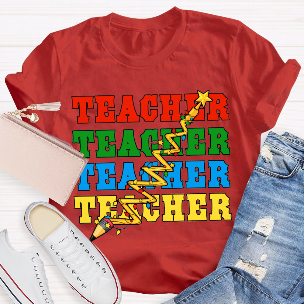 Teacher Different Colored Fonts And Christmas Lights T-shirt