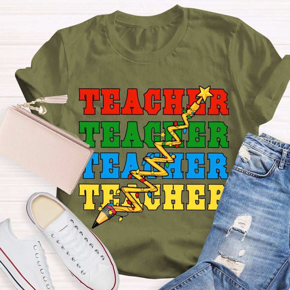 Teacher Different Colored Fonts And Christmas Lights T-shirt