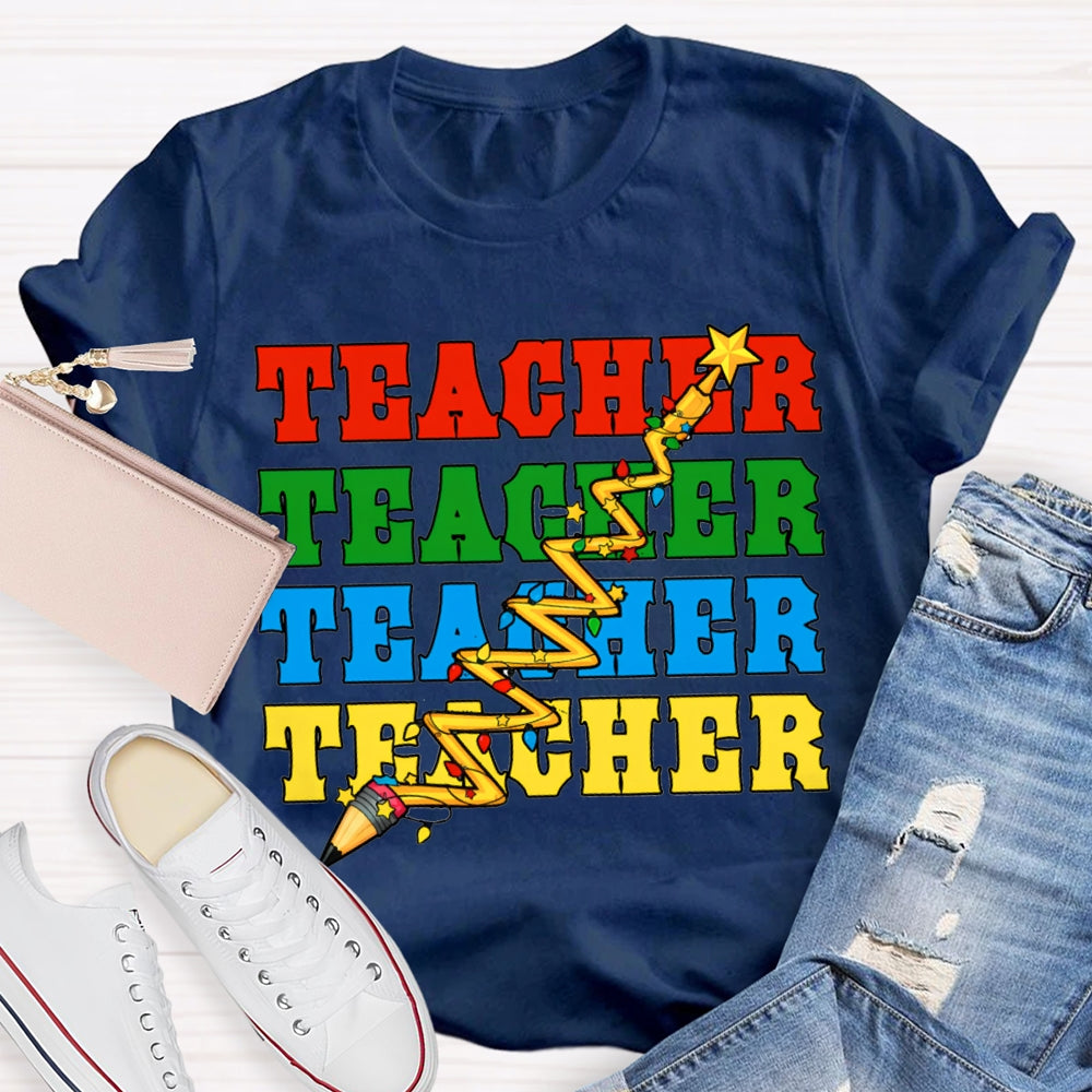 Teacher Different Colored Fonts And Christmas Lights T-shirt