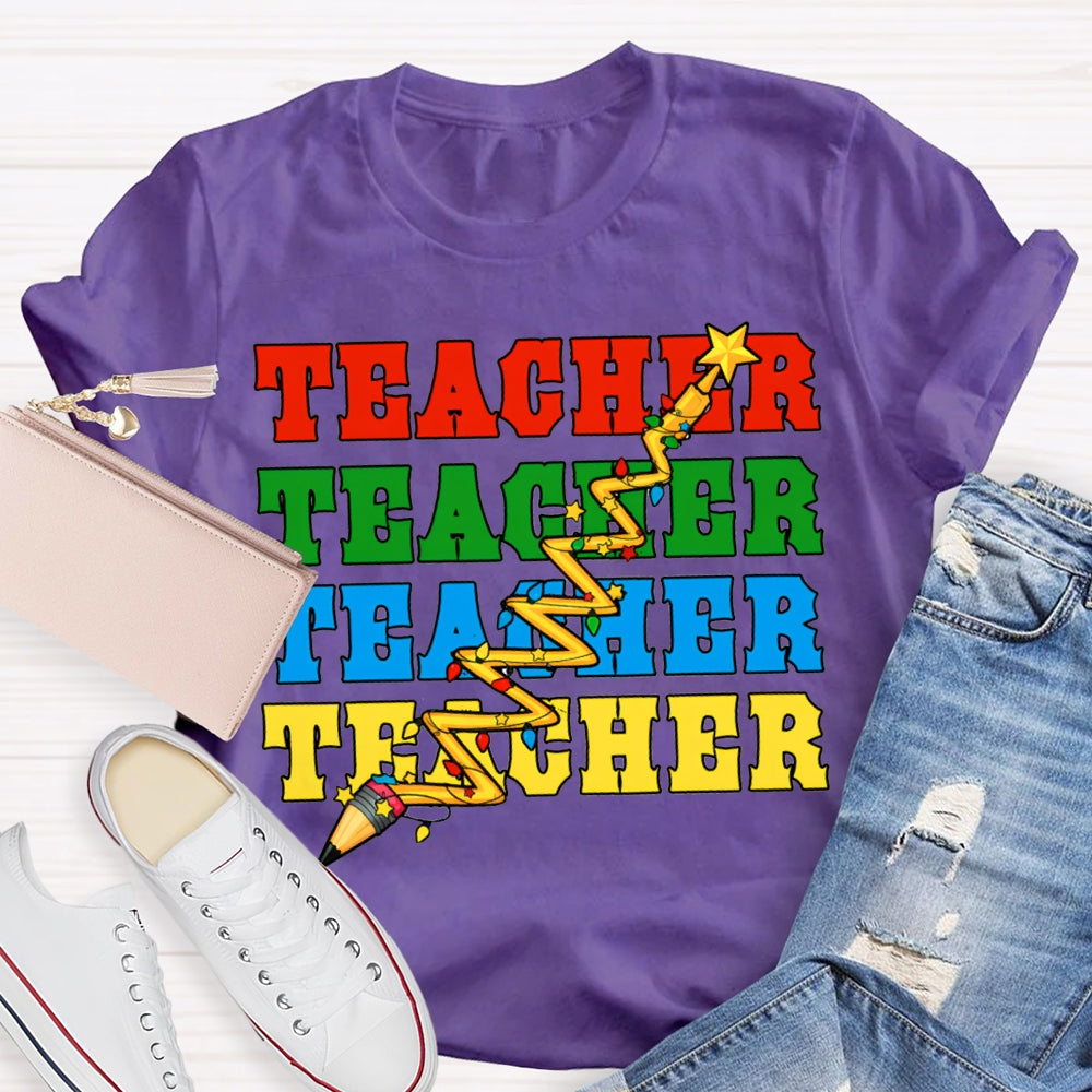 Teacher Different Colored Fonts And Christmas Lights T-shirt