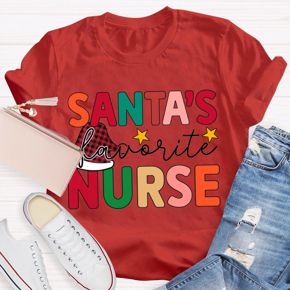 Santa'S Favorite Nurse Santa Hats And Colorful Lettering T-shirt