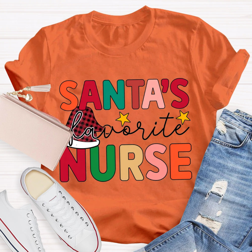 Santa'S Favorite Nurse Santa Hats And Colorful Lettering T-shirt