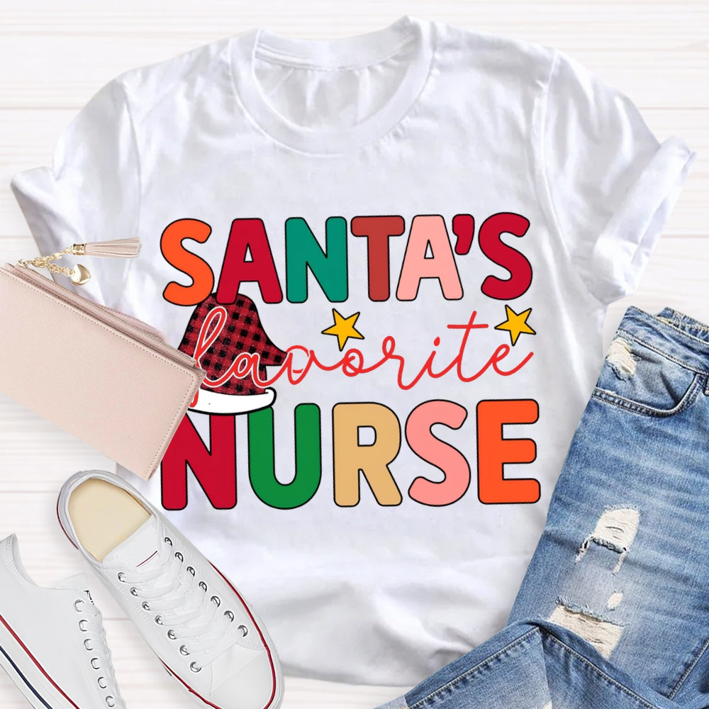 Santa'S Favorite Nurse Santa Hats And Colorful Lettering T-shirt