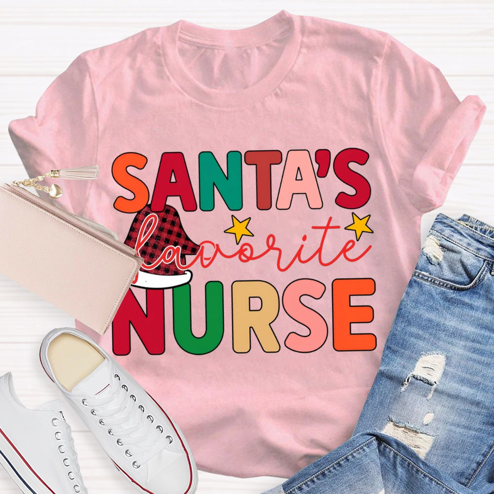 Santa'S Favorite Nurse Santa Hats And Colorful Lettering T-shirt
