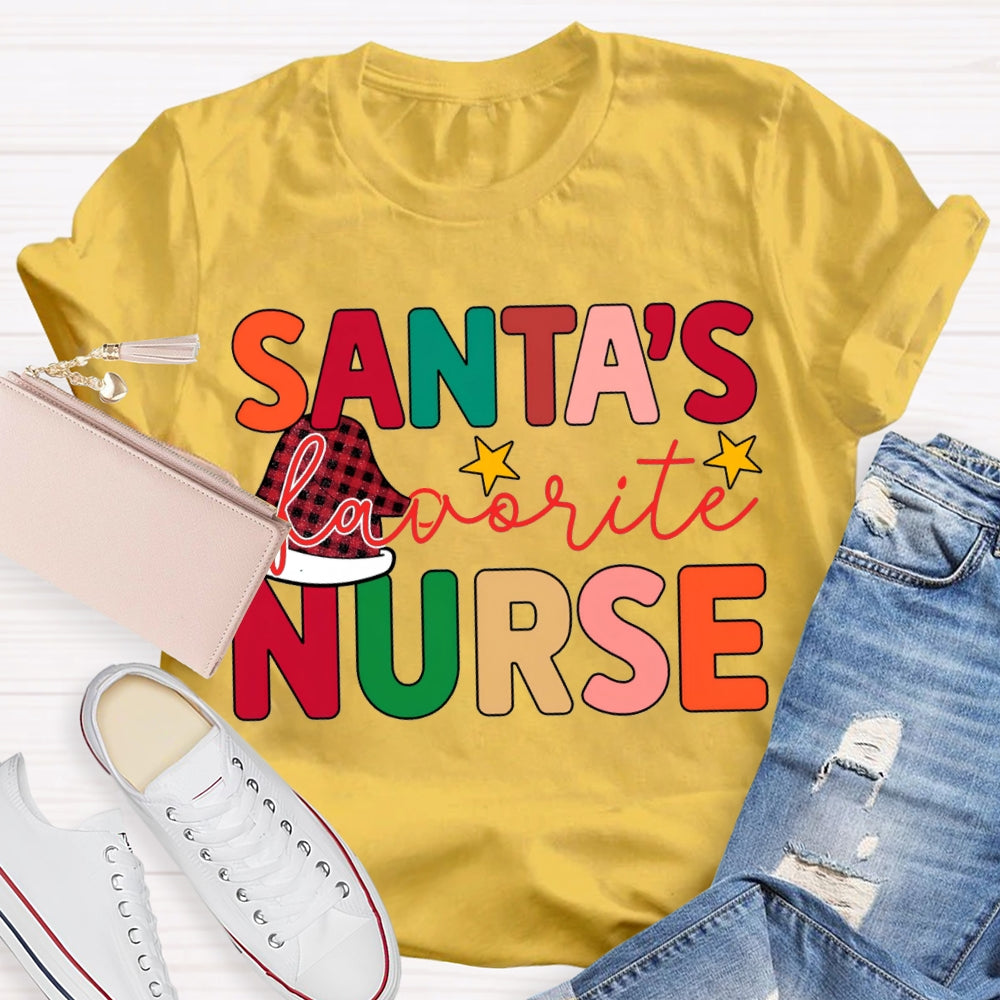 Santa'S Favorite Nurse Santa Hats And Colorful Lettering T-shirt