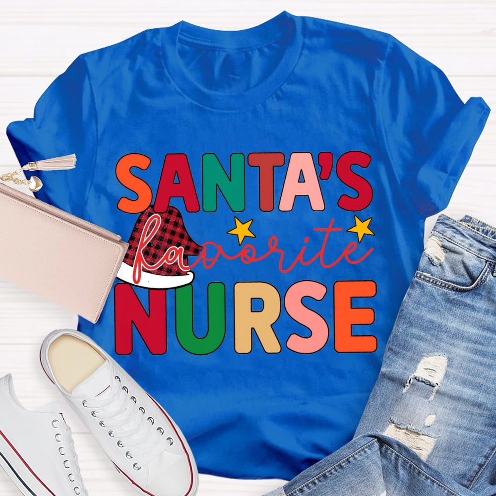 Santa'S Favorite Nurse Santa Hats And Colorful Lettering T-shirt