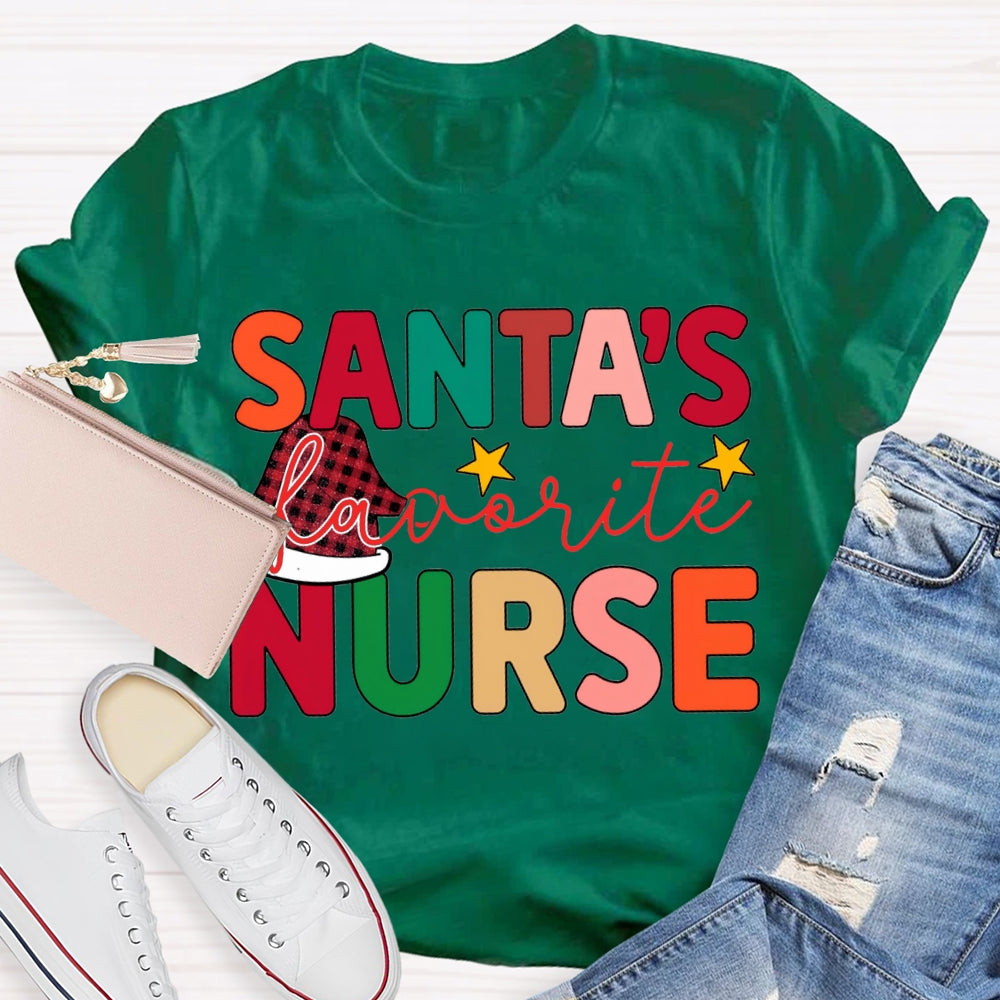 Santa'S Favorite Nurse Santa Hats And Colorful Lettering T-shirt