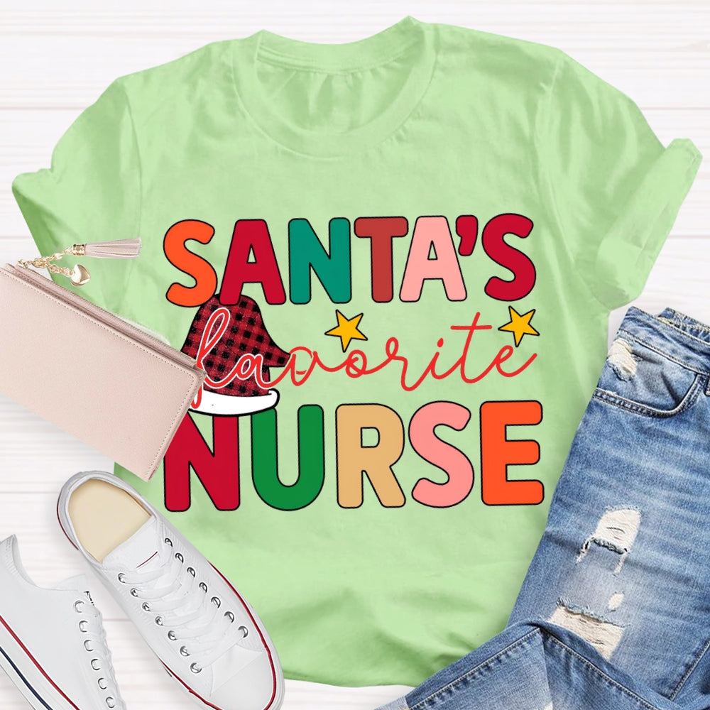 Santa'S Favorite Nurse Santa Hats And Colorful Lettering T-shirt