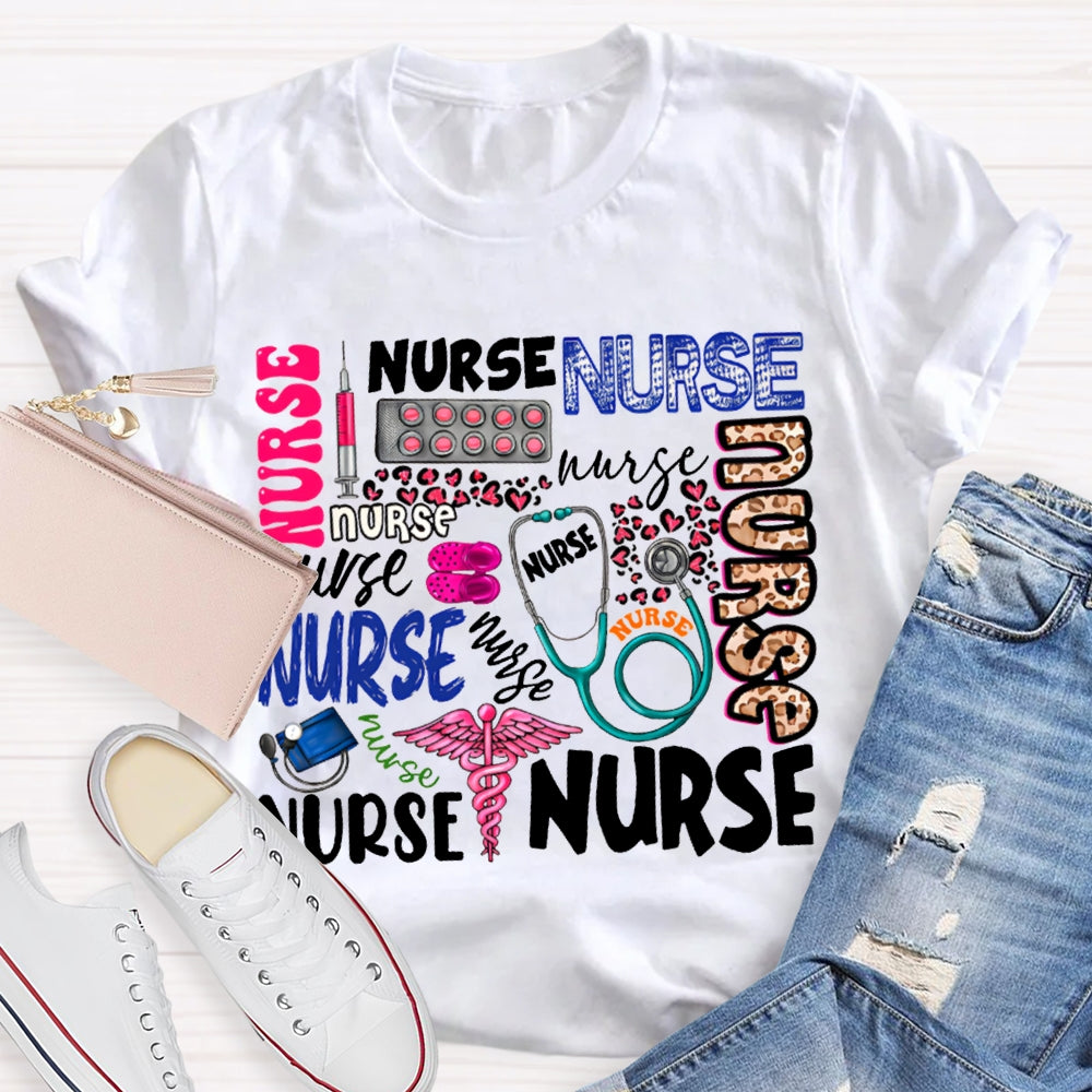 School Nurse Fonts In Various Colors T-shirt