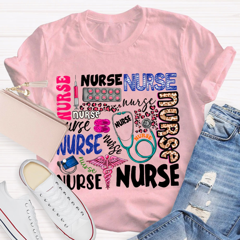 School Nurse Fonts In Various Colors T-shirt