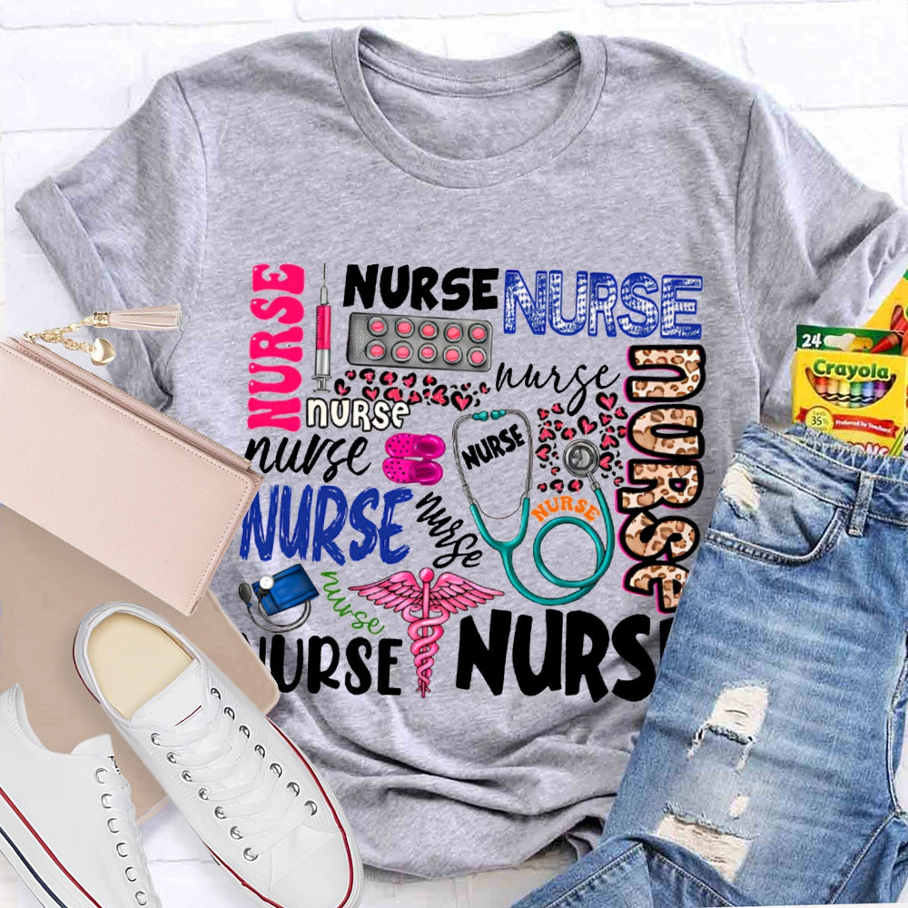 School Nurse Fonts In Various Colors T-shirt