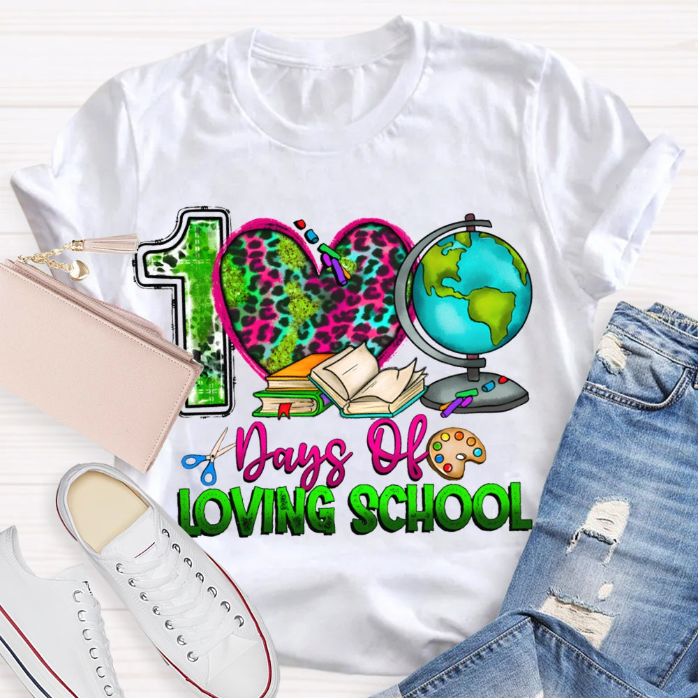 100 Days Of Loving School Leopard Print Hearts And Colorful Fonts T-shirt