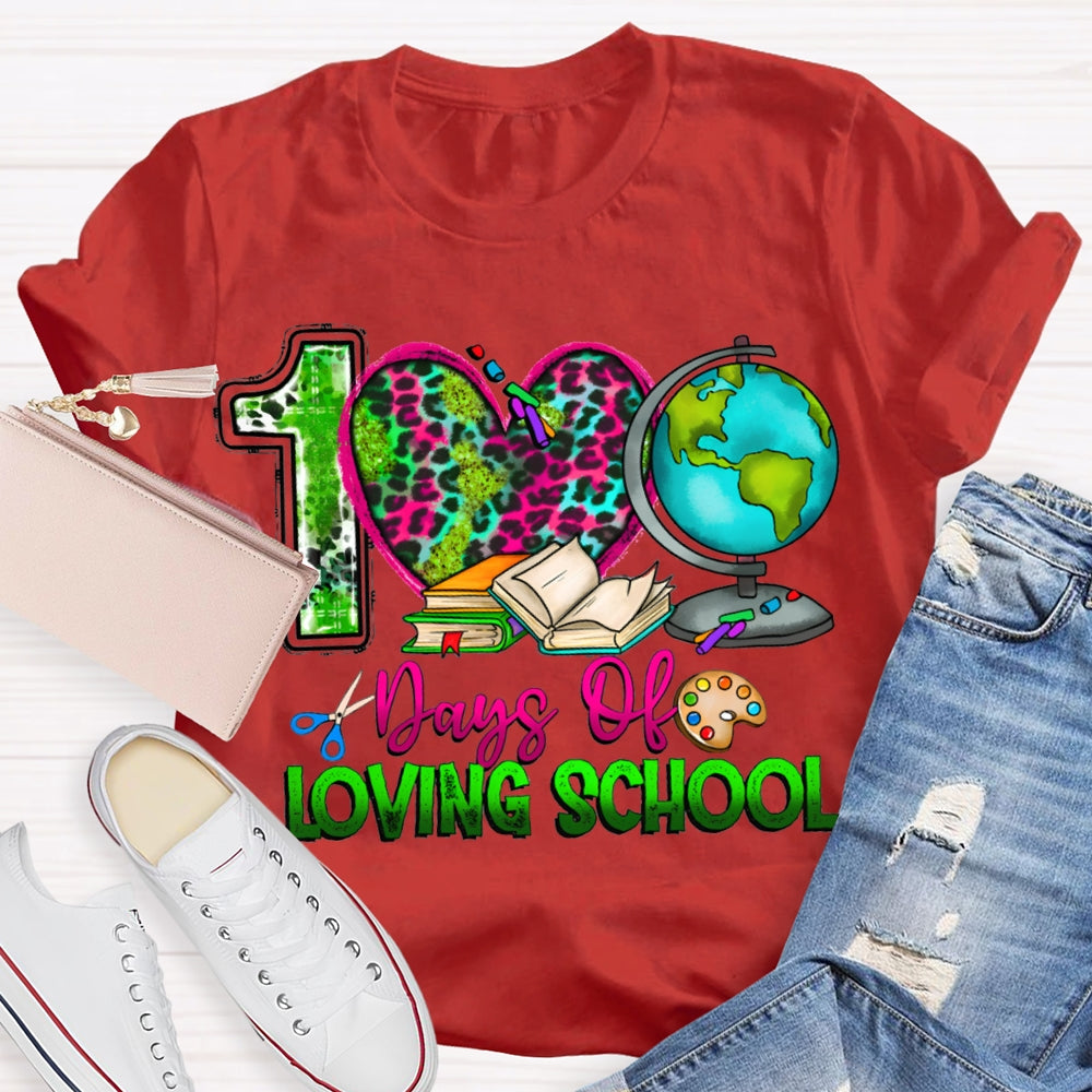 100 Days Of Loving School Leopard Print Hearts And Colorful Fonts T-shirt