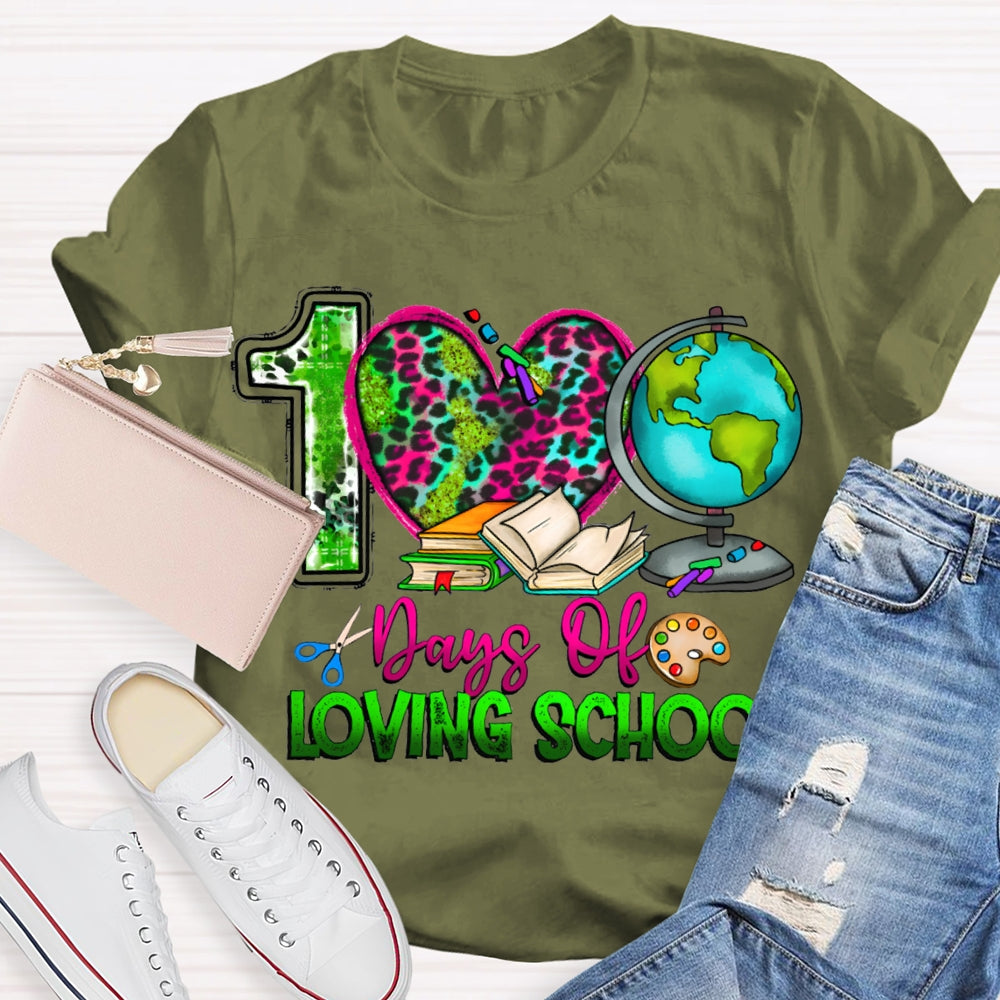 100 Days Of Loving School Leopard Print Hearts And Colorful Fonts T-shirt