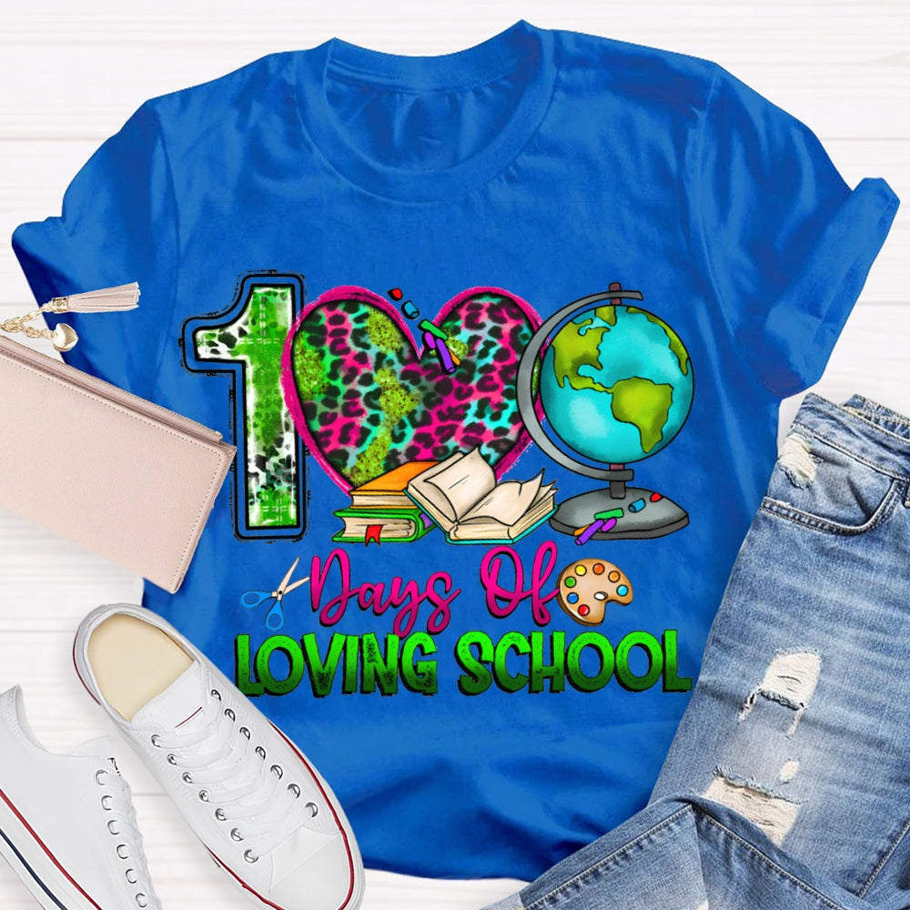 100 Days Of Loving School Leopard Print Hearts And Colorful Fonts T-shirt