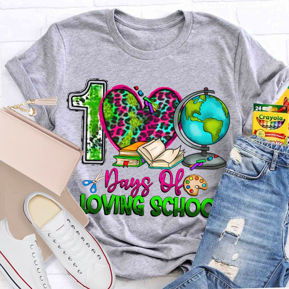 100 Days Of Loving School Leopard Print Hearts And Colorful Fonts T-shirt