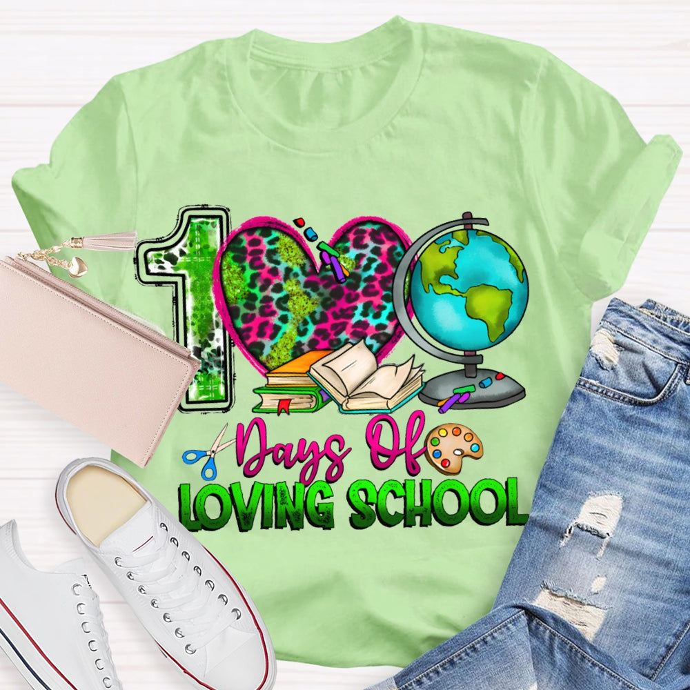 100 Days Of Loving School Leopard Print Hearts And Colorful Fonts T-shirt