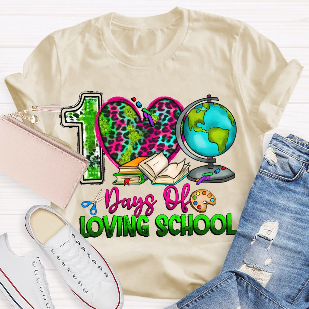 100 Days Of Loving School Leopard Print Hearts And Colorful Fonts T-shirt
