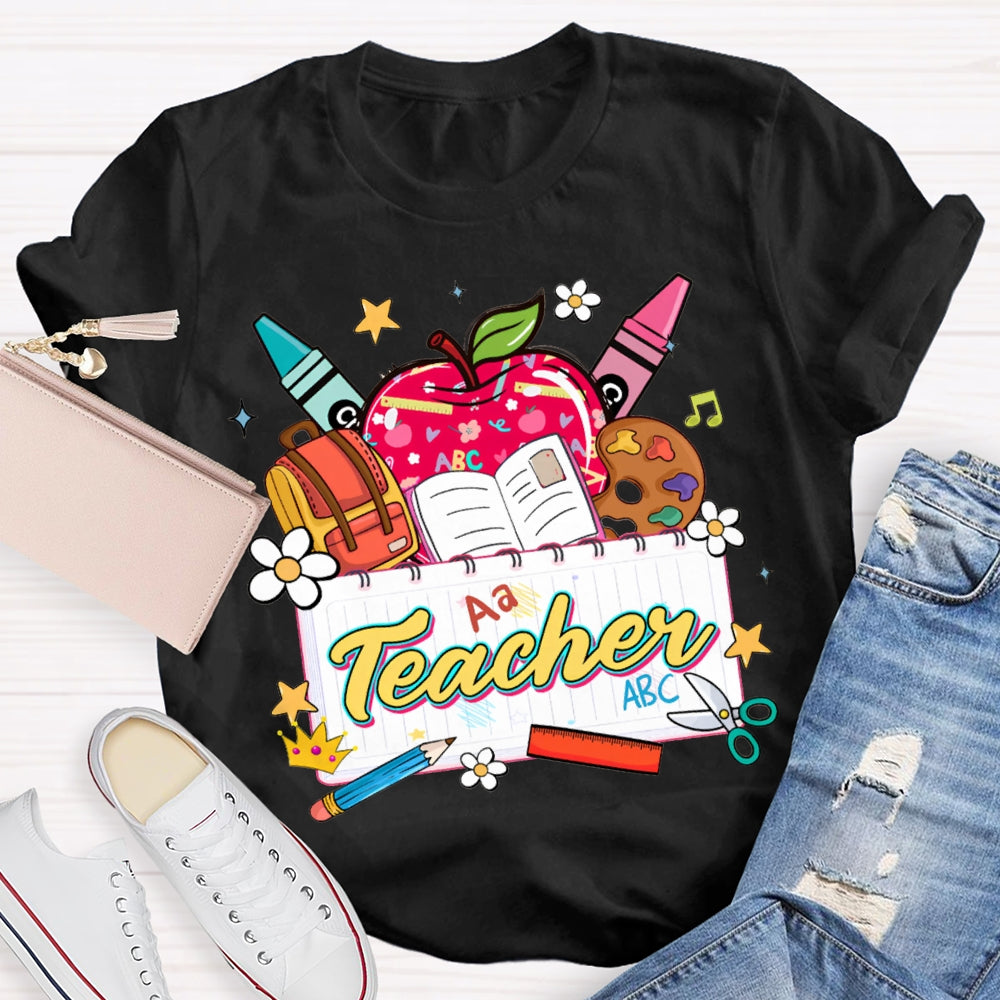 Apple Backpack And Book Prints Teacher T-shirt