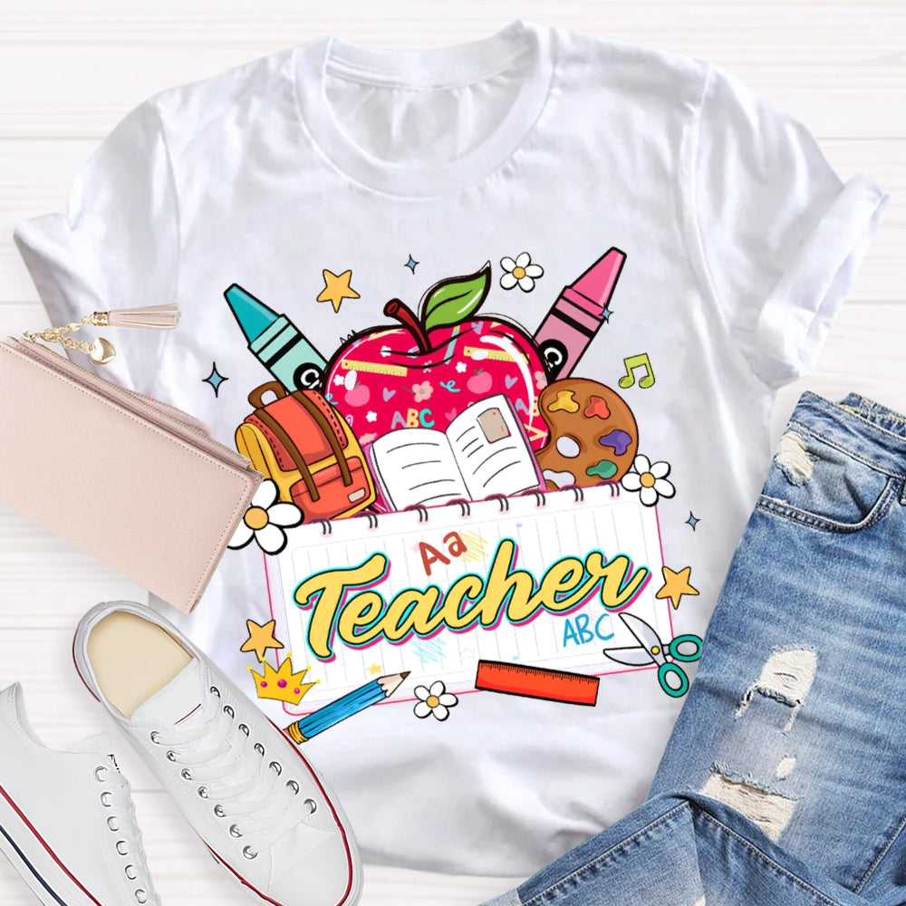 Apple Backpack And Book Prints Teacher T-shirt