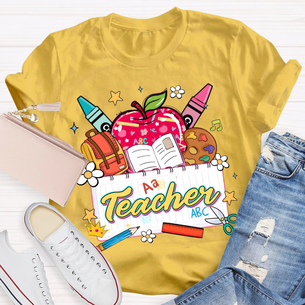Apple Backpack And Book Prints Teacher T-shirt