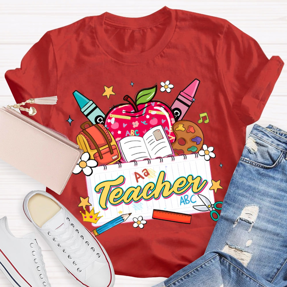 Apple Backpack And Book Prints Teacher T-shirt