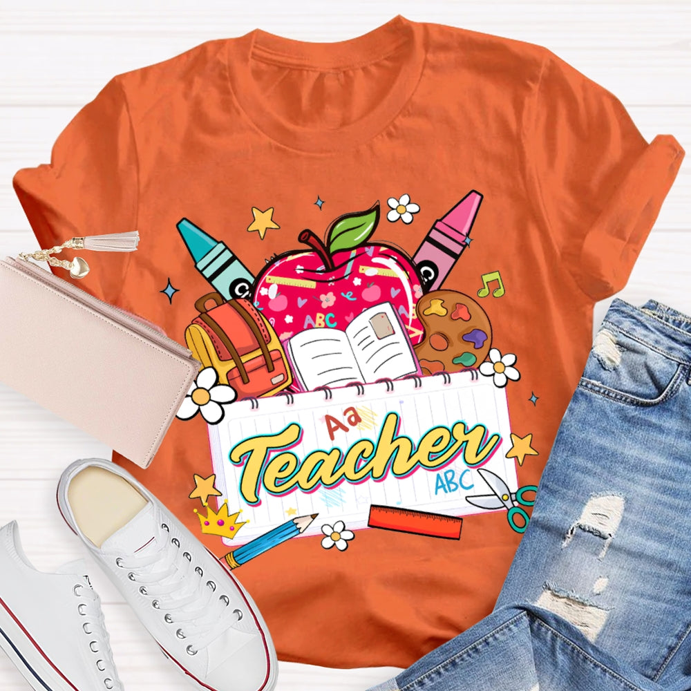 Apple Backpack And Book Prints Teacher T-shirt