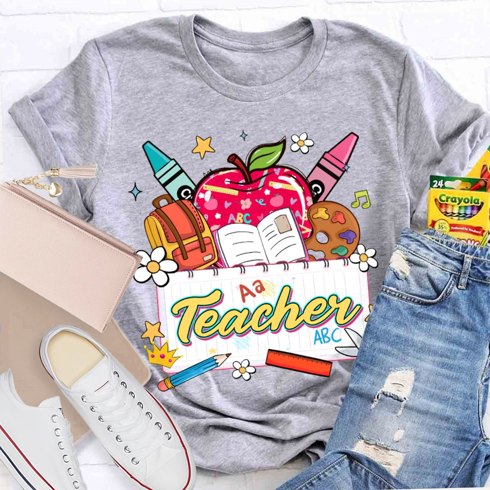 Apple Backpack And Book Prints Teacher T-shirt