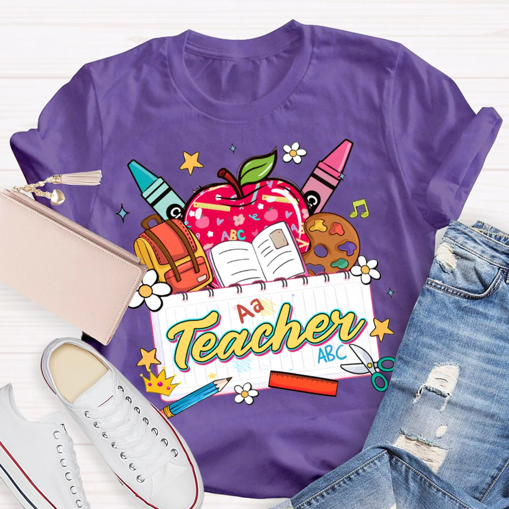 Apple Backpack And Book Prints Teacher T-shirt