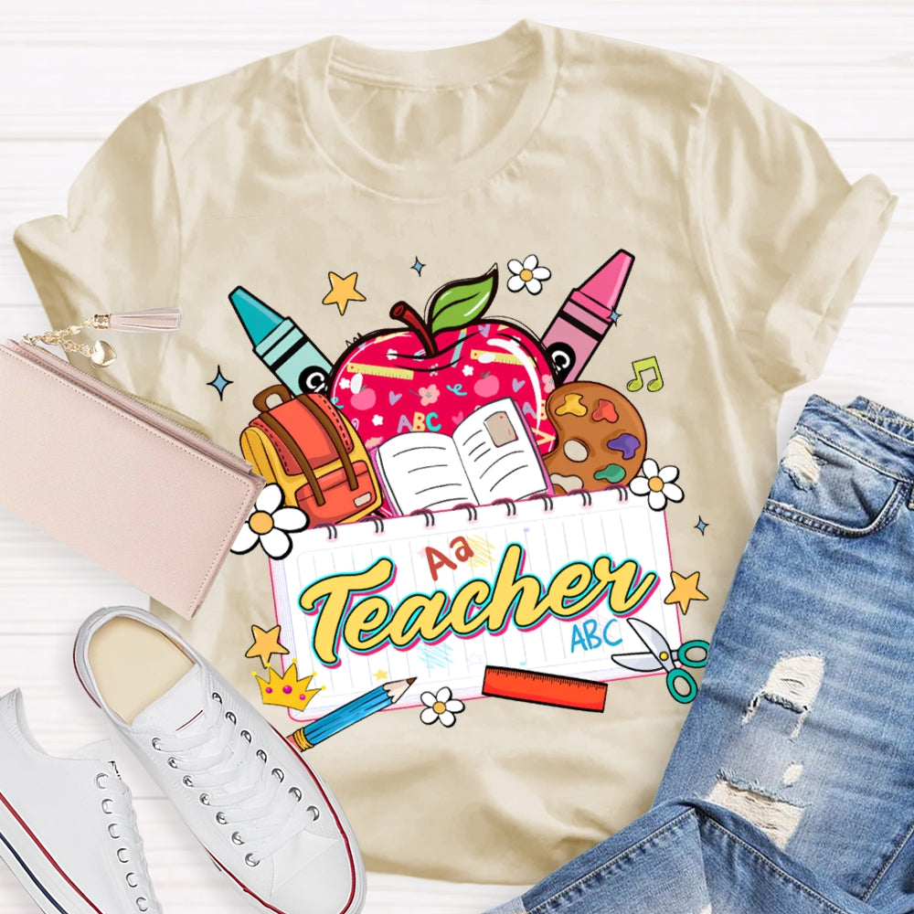 Apple Backpack And Book Prints Teacher T-shirt
