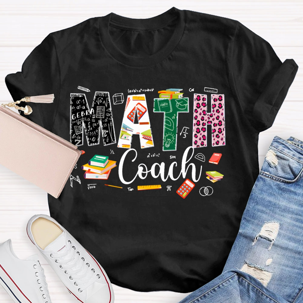 Math Coach Leopard Print Font And Colored Font Math Teacher T-shirt