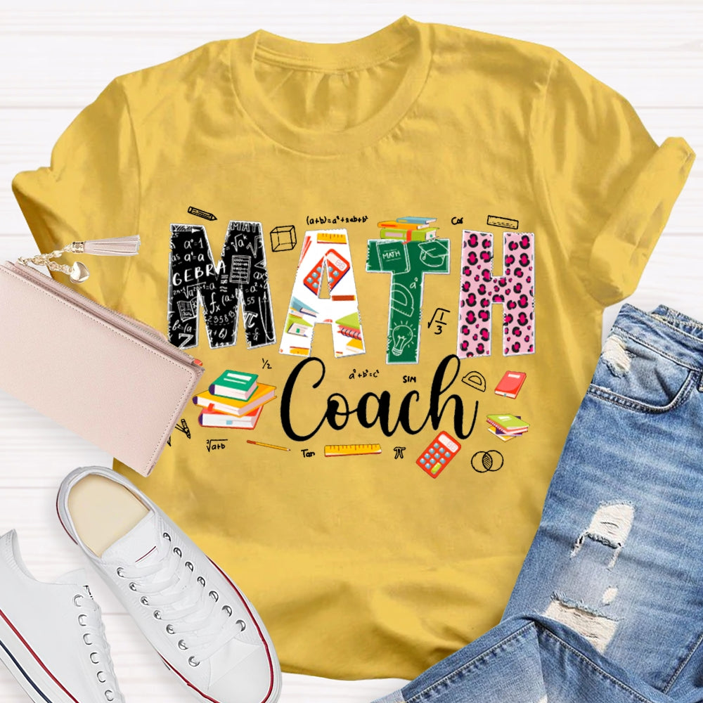Math Coach Leopard Print Font And Colored Font Math Teacher T-shirt