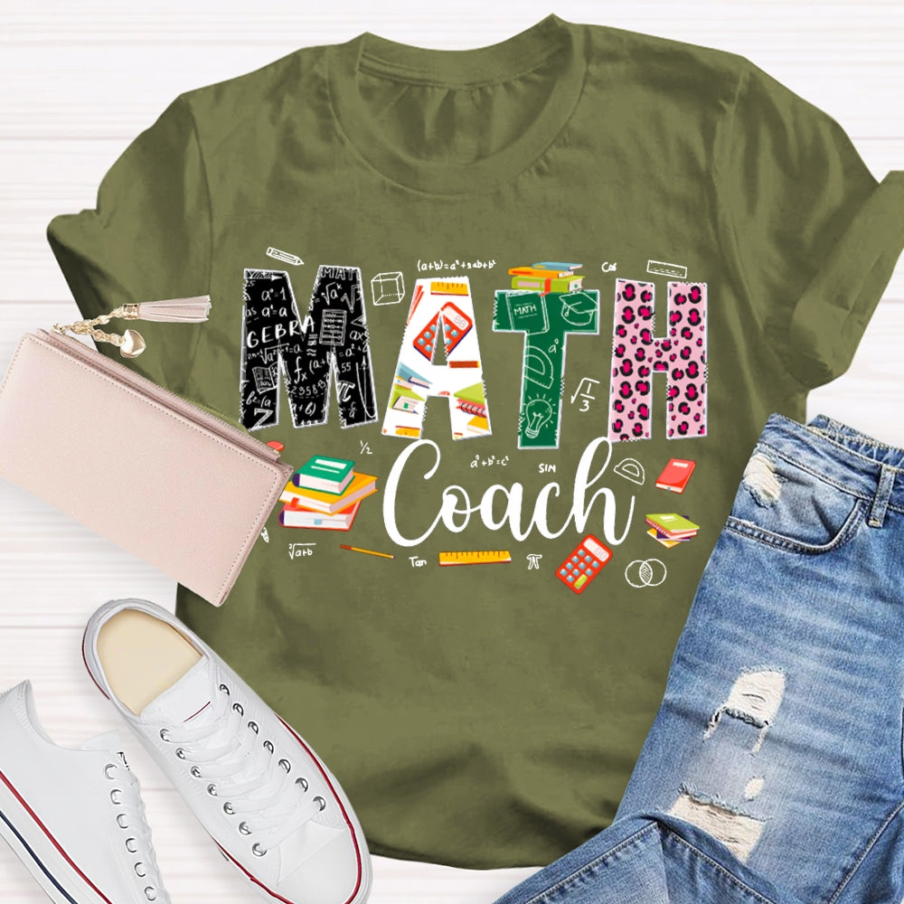 Math Coach Leopard Print Font And Colored Font Math Teacher T-shirt