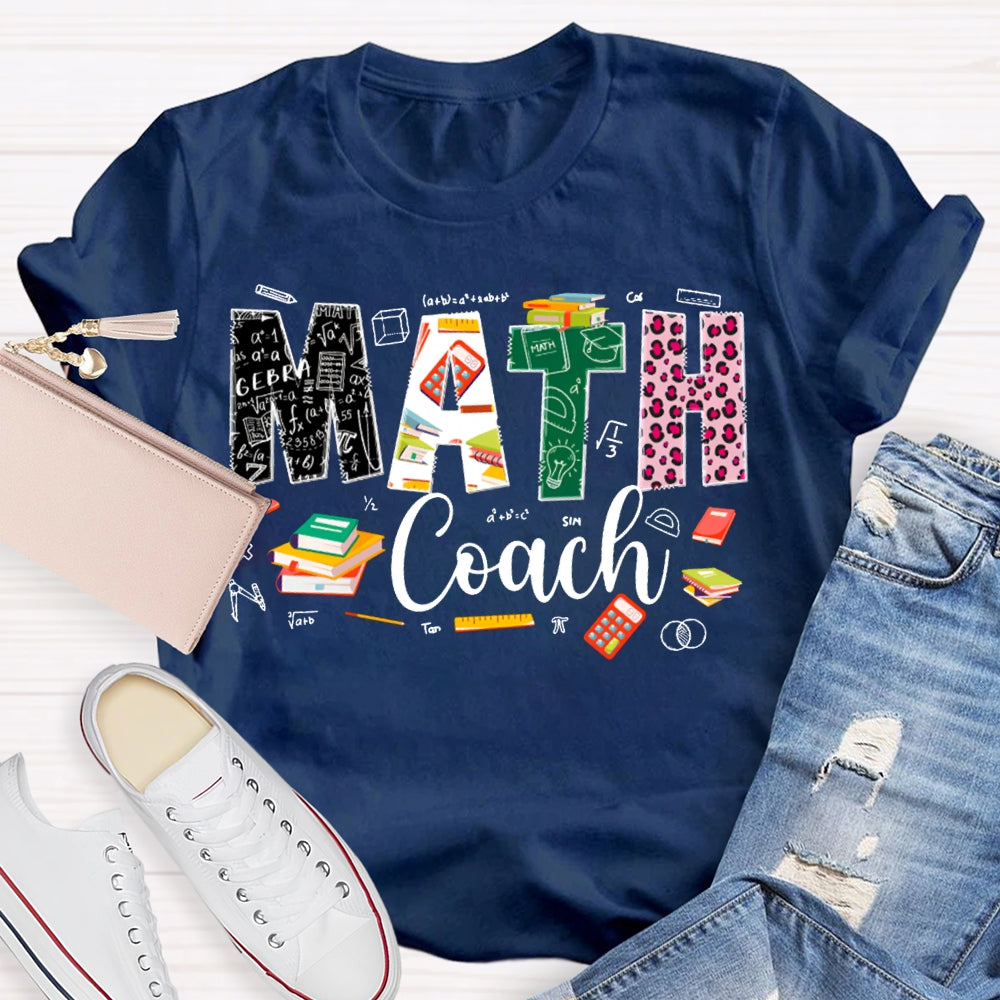 Math Coach Leopard Print Font And Colored Font Math Teacher T-shirt