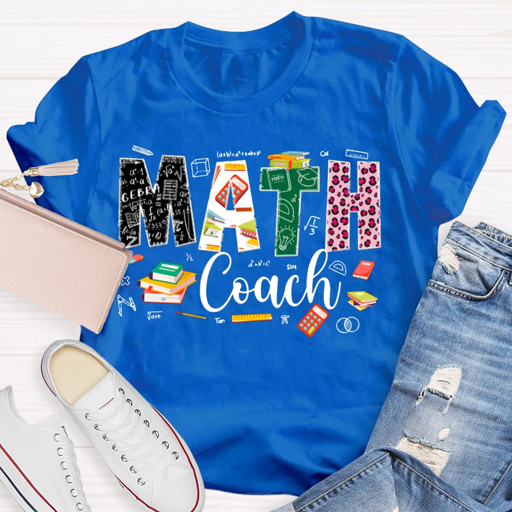 Math Coach Leopard Print Font And Colored Font Math Teacher T-shirt