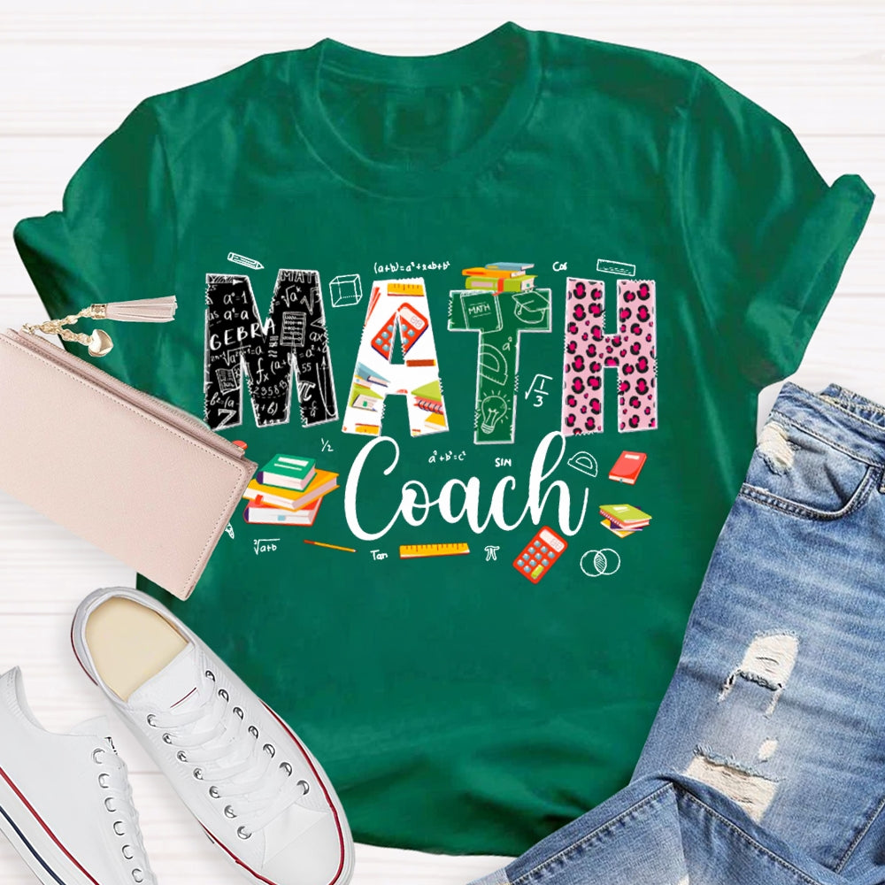 Math Coach Leopard Print Font And Colored Font Math Teacher T-shirt