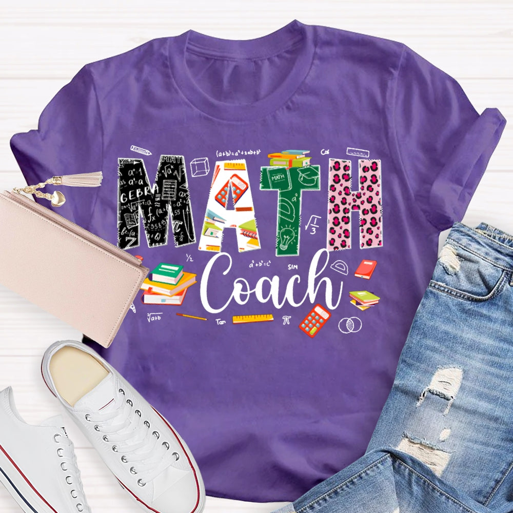 Math Coach Leopard Print Font And Colored Font Math Teacher T-shirt