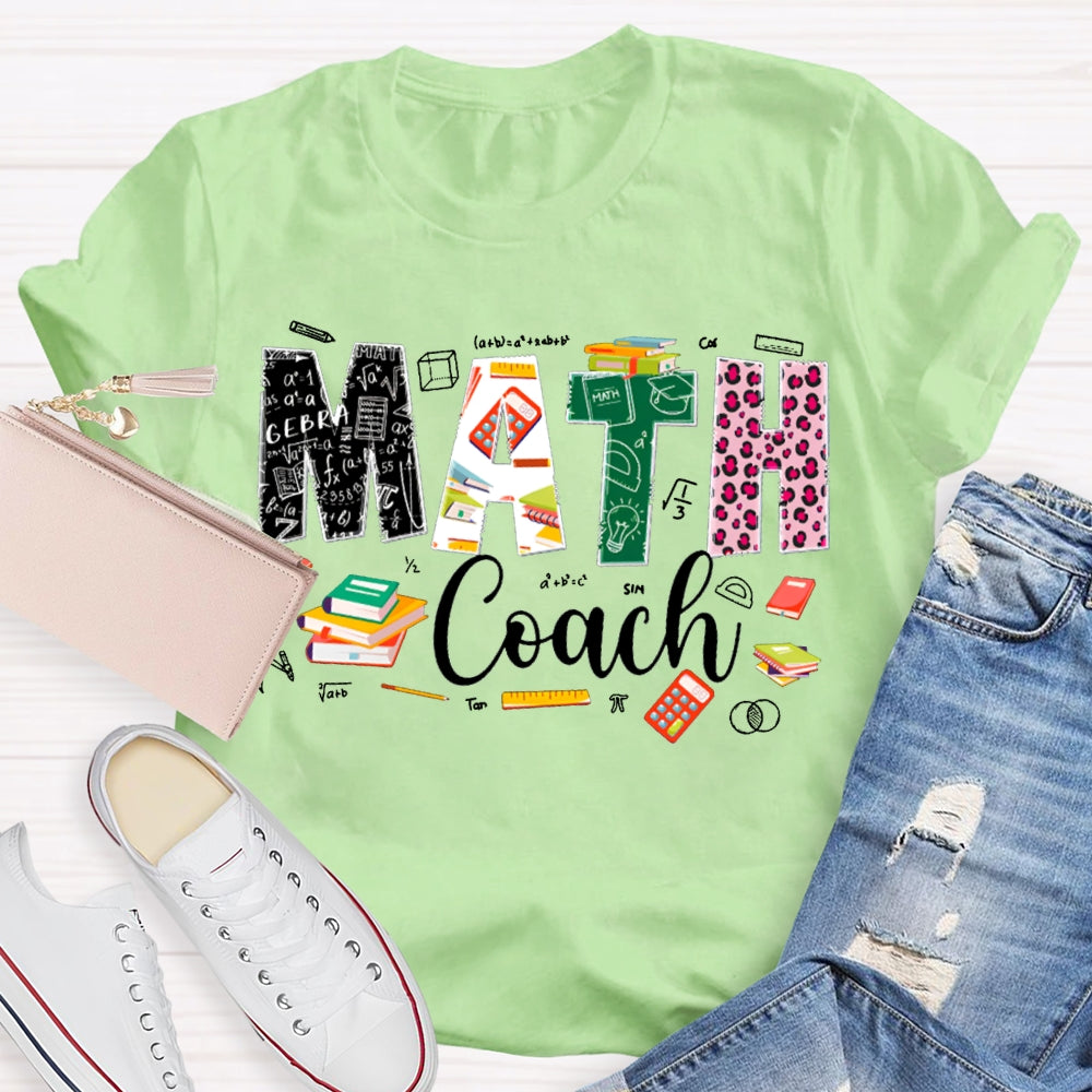 Math Coach Leopard Print Font And Colored Font Math Teacher T-shirt