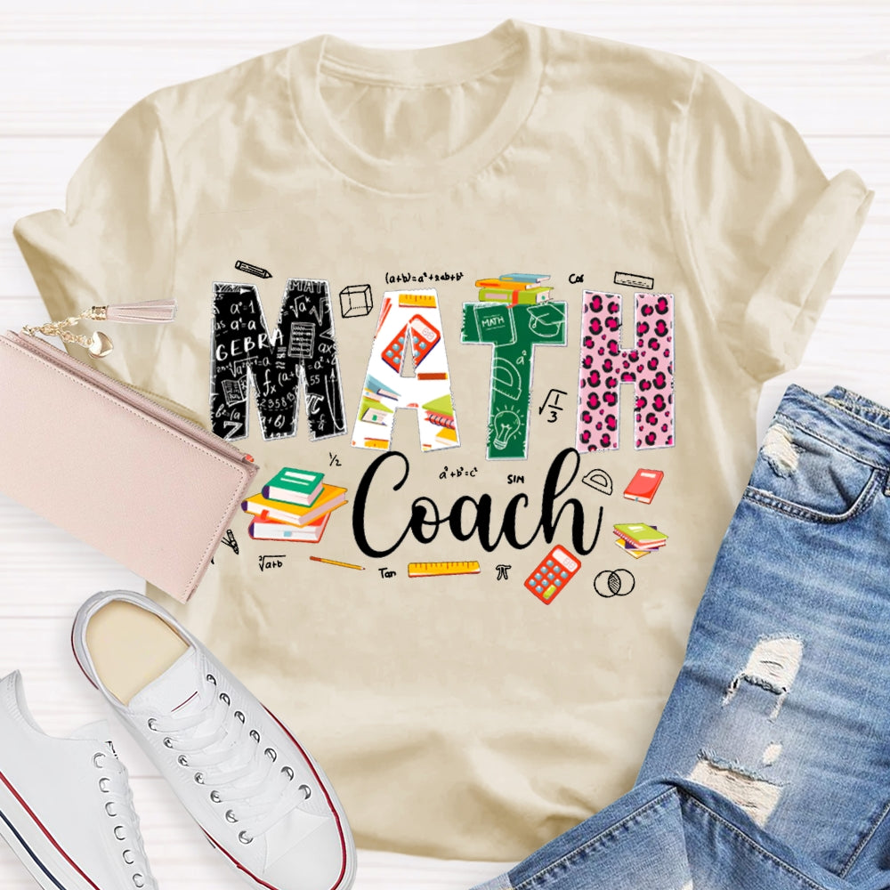 Math Coach Leopard Print Font And Colored Font Math Teacher T-shirt
