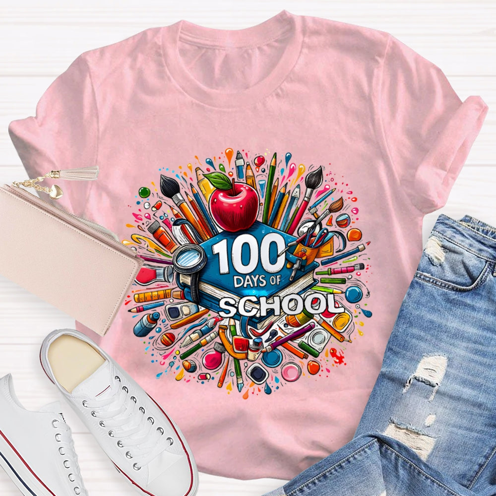 100 Days Of School Apple And Colored Pencil Print T-shirt