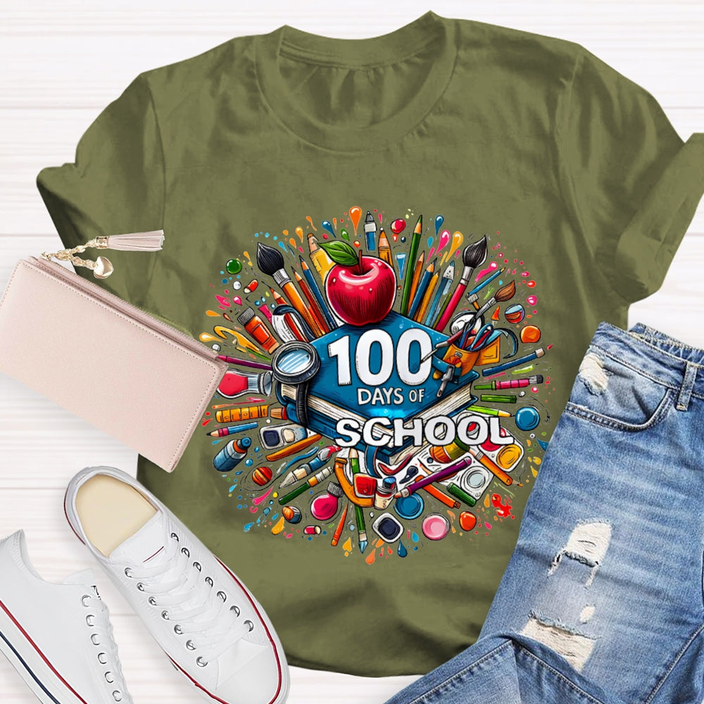 100 Days Of School Apple And Colored Pencil Print T-shirt