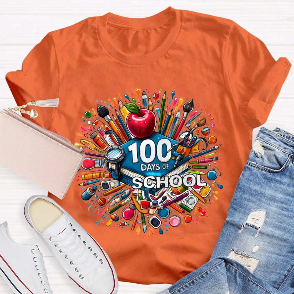 100 Days Of School Apple And Colored Pencil Print T-shirt