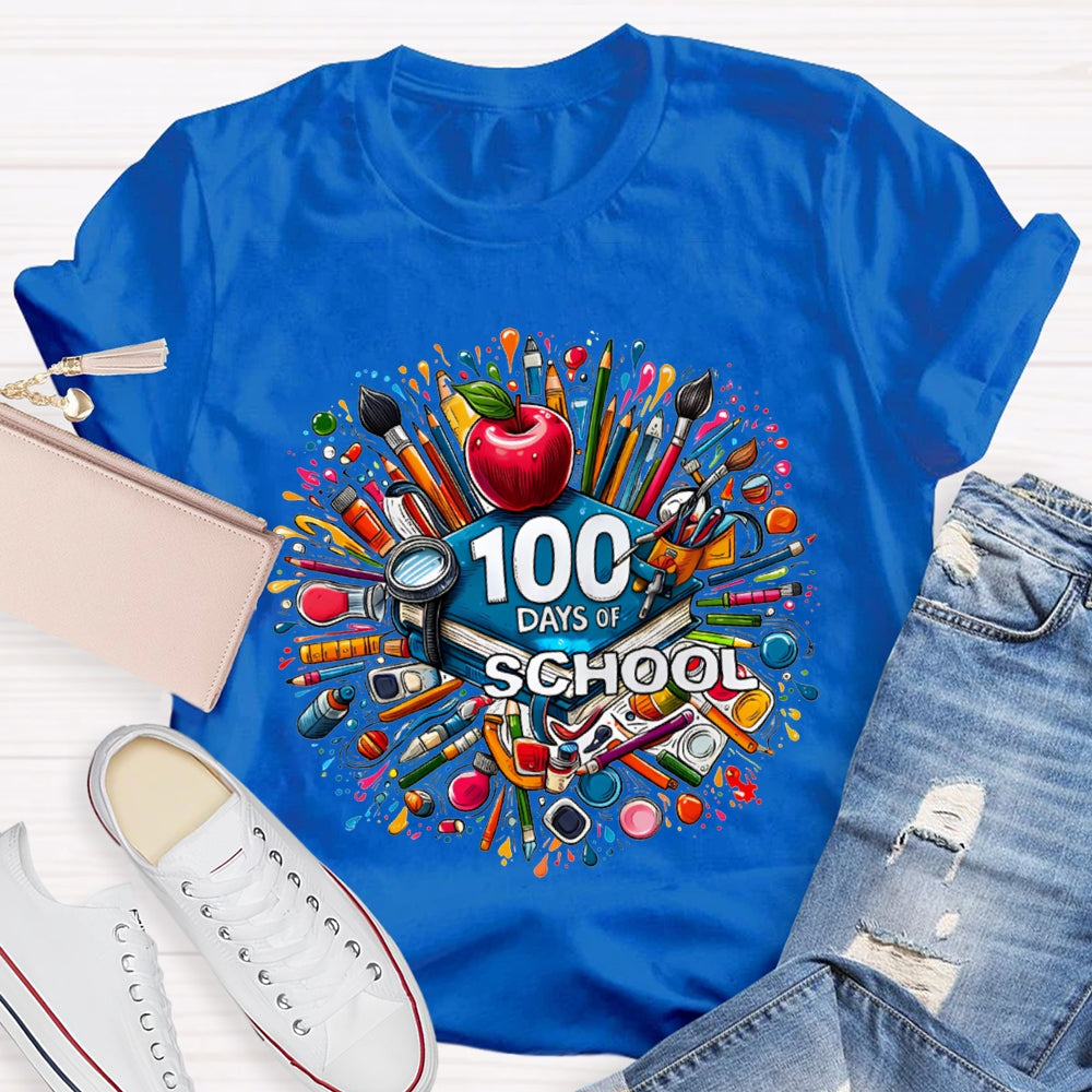 100 Days Of School Apple And Colored Pencil Print T-shirt