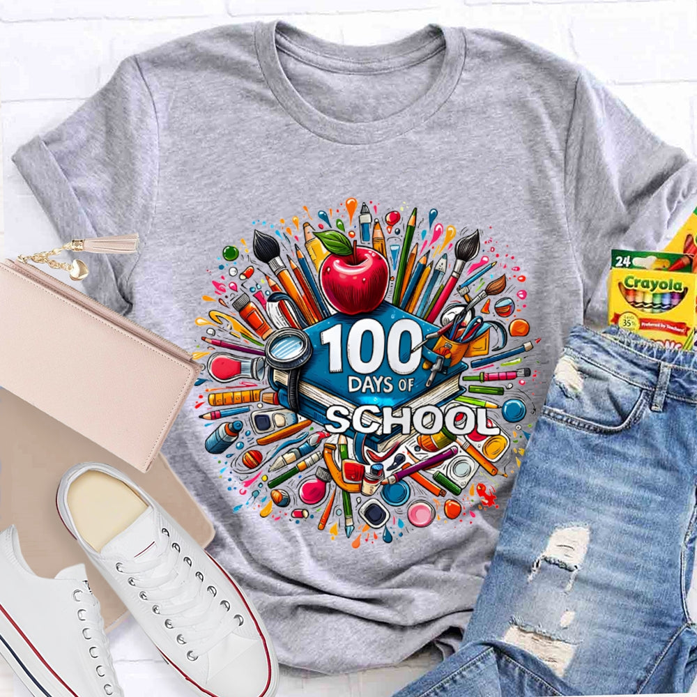 100 Days Of School Apple And Colored Pencil Print T-shirt