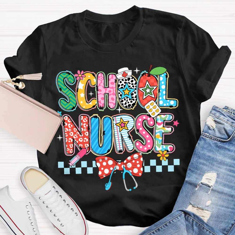 School Nurse Bow Stethoscope And Colored Lettering T-shirt