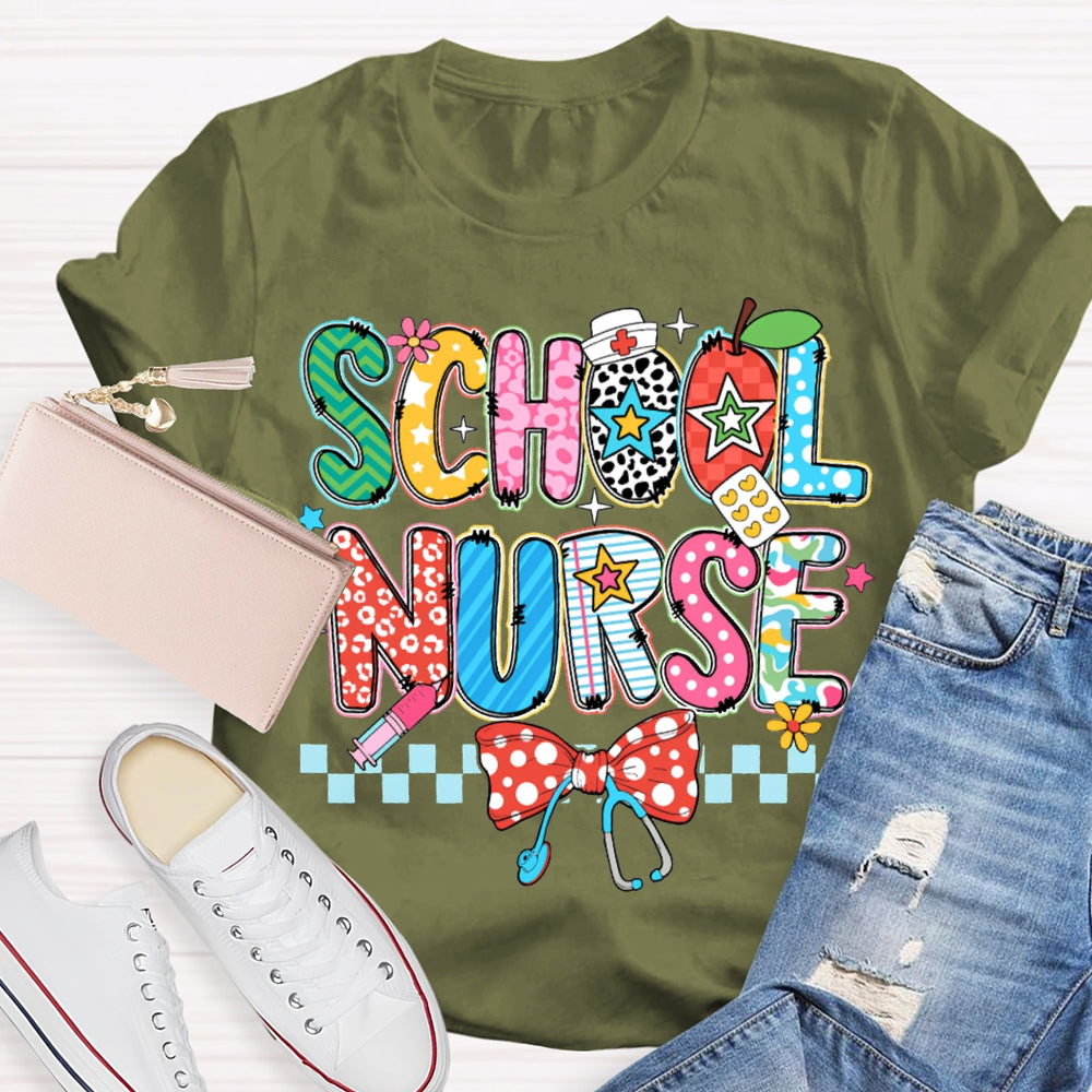 School Nurse Bow Stethoscope And Colored Lettering T-shirt